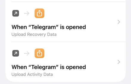 Automation list showing two 'When Telegram is opened' automations: Upload Recovery Data and Upload Activity Data