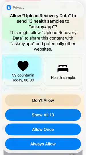 iOS privacy prompt allowing Upload Recovery Data to send health samples to askray.app — choose Always Allow