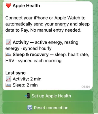 Bot's Apple Health card showing Last sync — Activity: 2 min, Sleep: 2 min